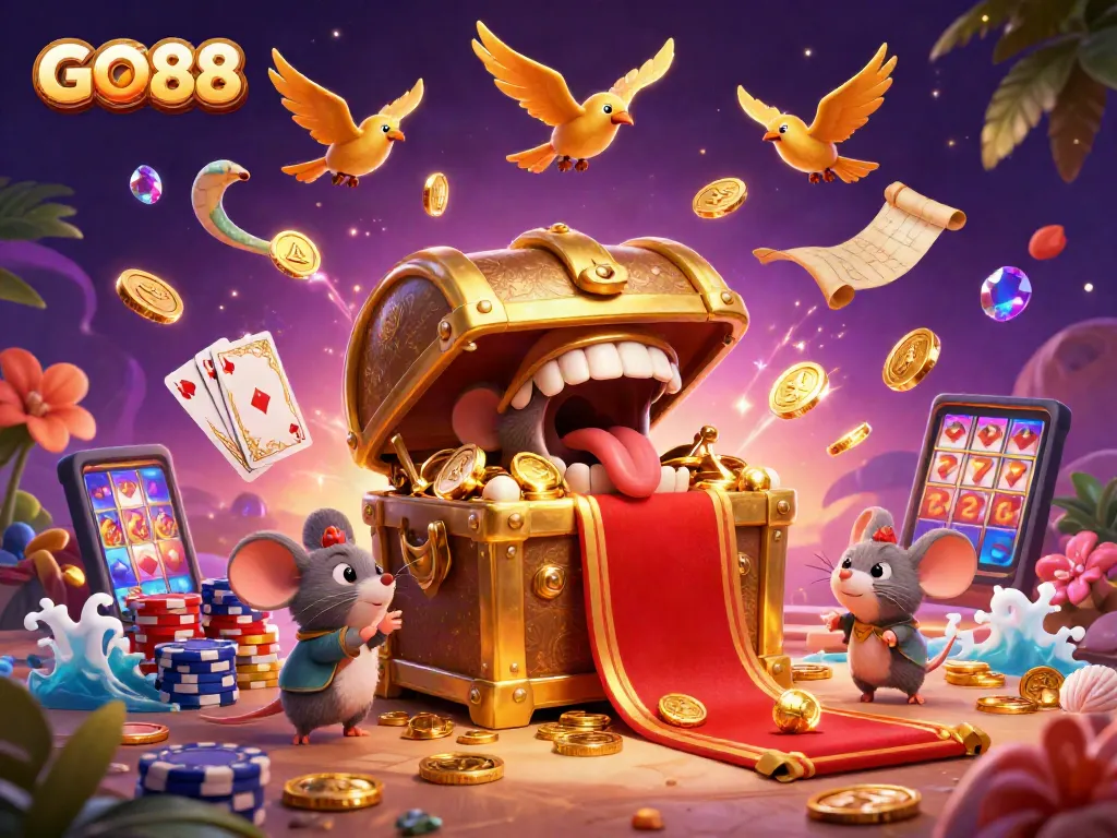 Enhance your play at GO88 with a vibrant casino scene featuring treasure chests and dynamic game elements.
