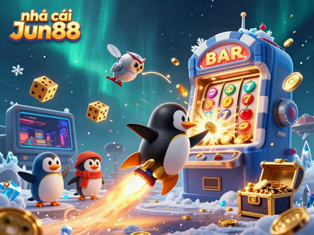 Engage in exciting gaming experiences at nhà cái Jun88 with a golden penguin, casino elements, and jackpot excitement.