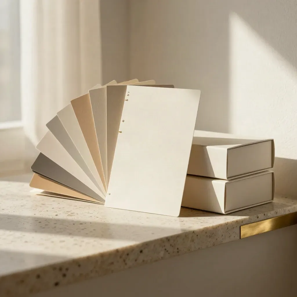Mockup packaging monocromo con swatch fan e due scatole campione su mensola in travertino.