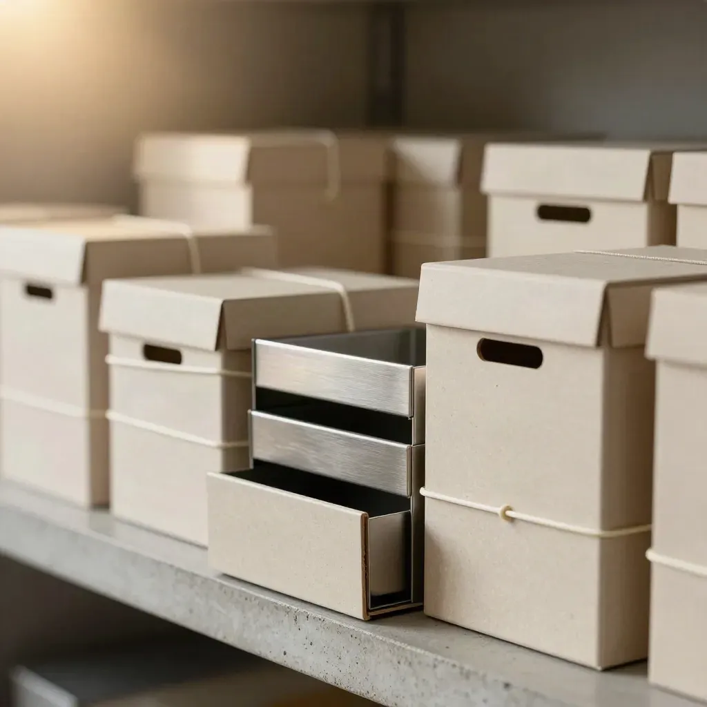 Scatole archivio modulari e divisori metallici su mensola in cemento, luce calda d'ufficio.