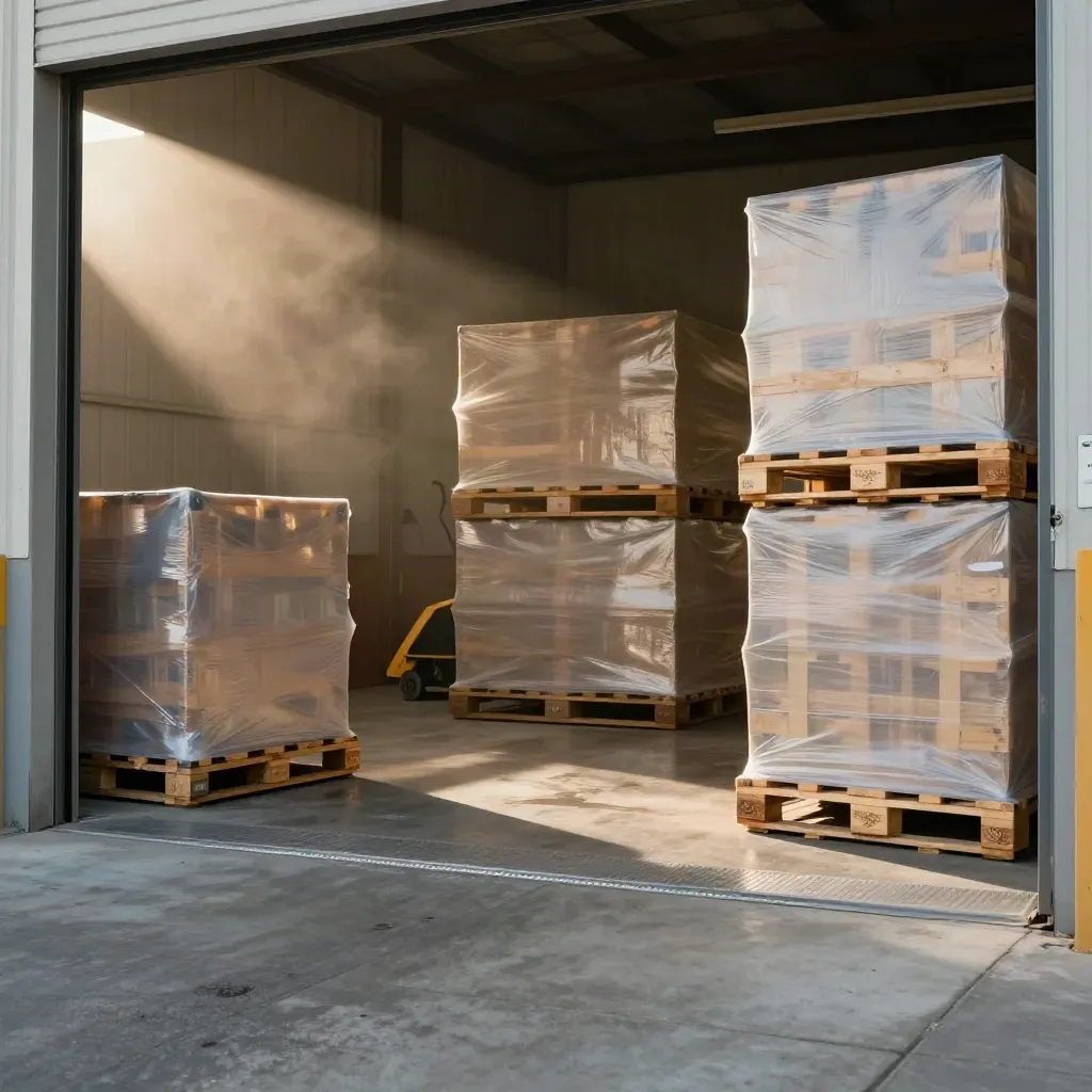 Baia di spedizione con pallet sigillati e casse pronte, luce calda del pomeriggio