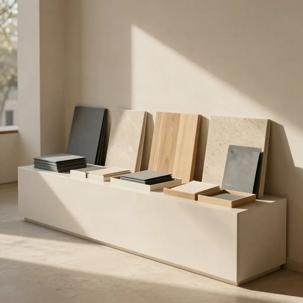 Showroom minimale con packaging coordinato e pannelli modulari in luce calda naturale
