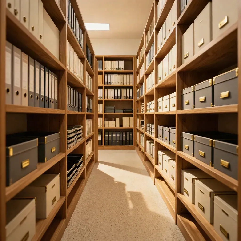 Archivio aziendale ordinato con vassoi separati, scaffali allineati e luce dorata