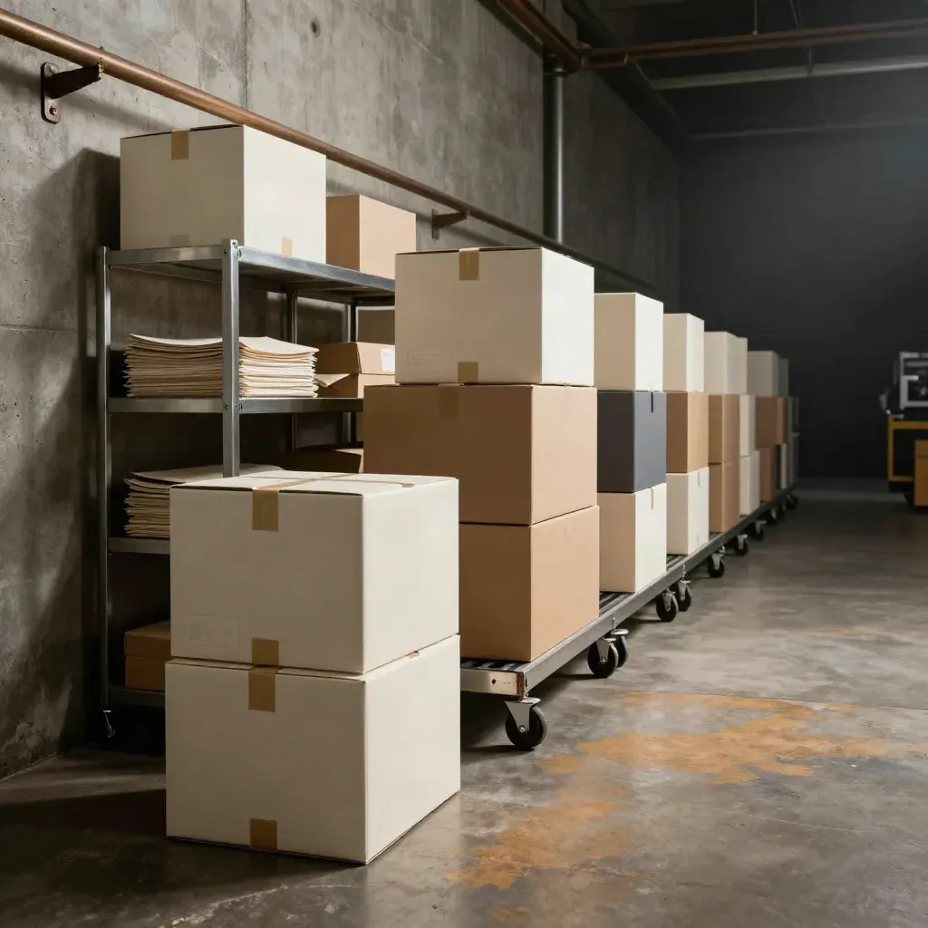Linea di spedizione B2B con kit campione e scatole corriere, in luce drammatica