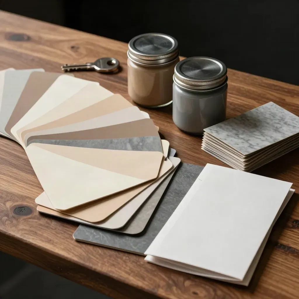 Swatches, vasetti di pigmento e sleeve packaging su banco in noce, luce drammatica