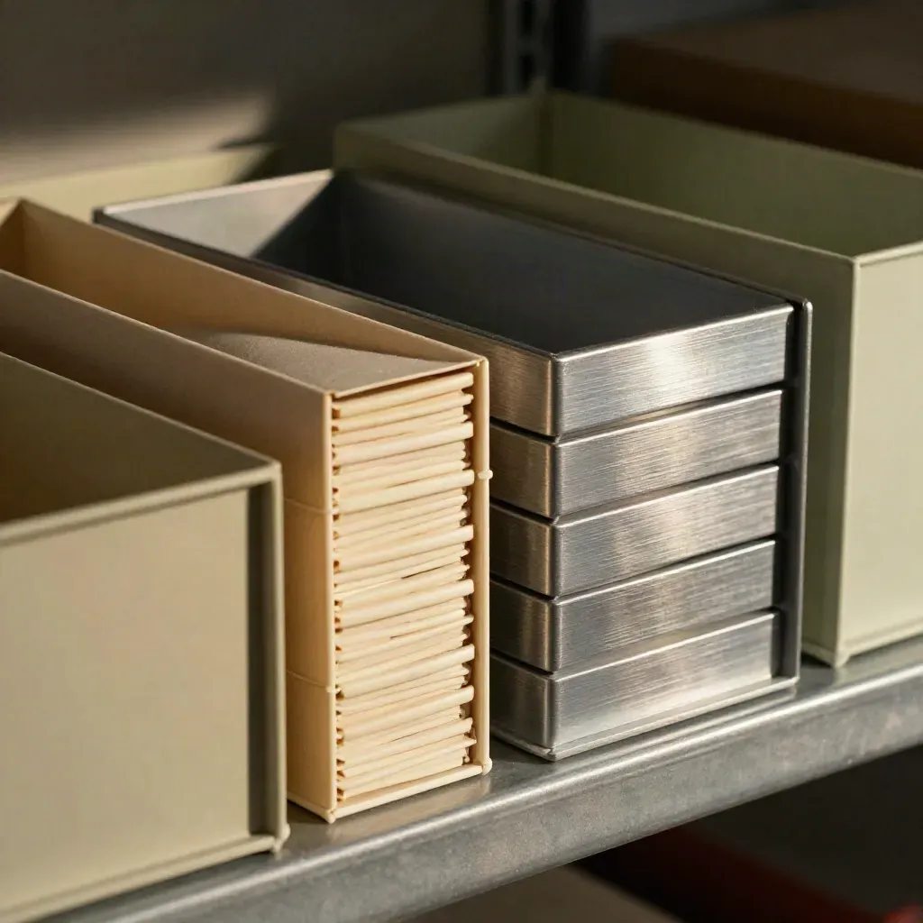 Scatole modulari, fascette e divisori metallici in primo piano materico, luce radente