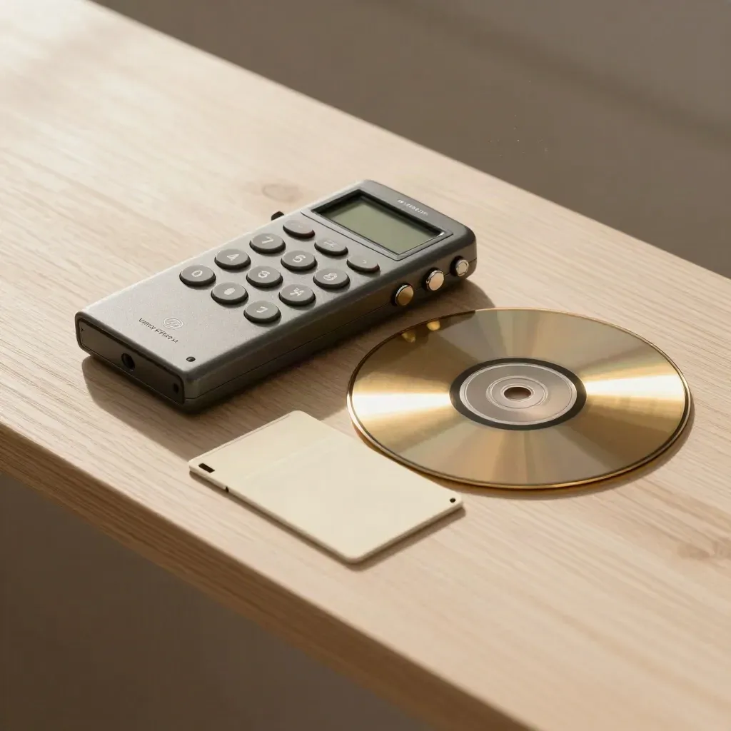 Registratore audio, due schede sigillate e disco in ottone su legno chiaro, luce morbida laterale.
