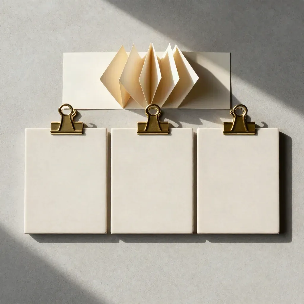 Flatlay dall’alto con tre tessere, fermagli in ottone e card a fisarmonica su pietra chiara.
