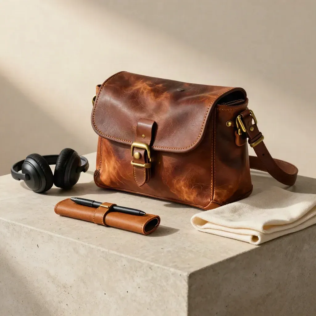 Pochette in cuoio, cuffia e astuccio da viaggio su vassoio in pietra, luce morbida.
