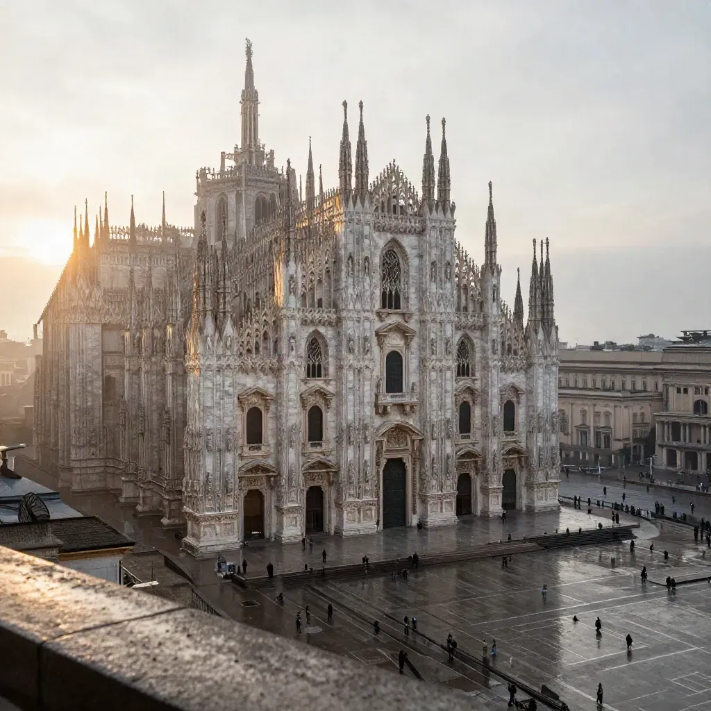 Duomo di Milano tra la foschia mattutina sopra i tetti di Lombardia, luce calda dopo la pioggia.