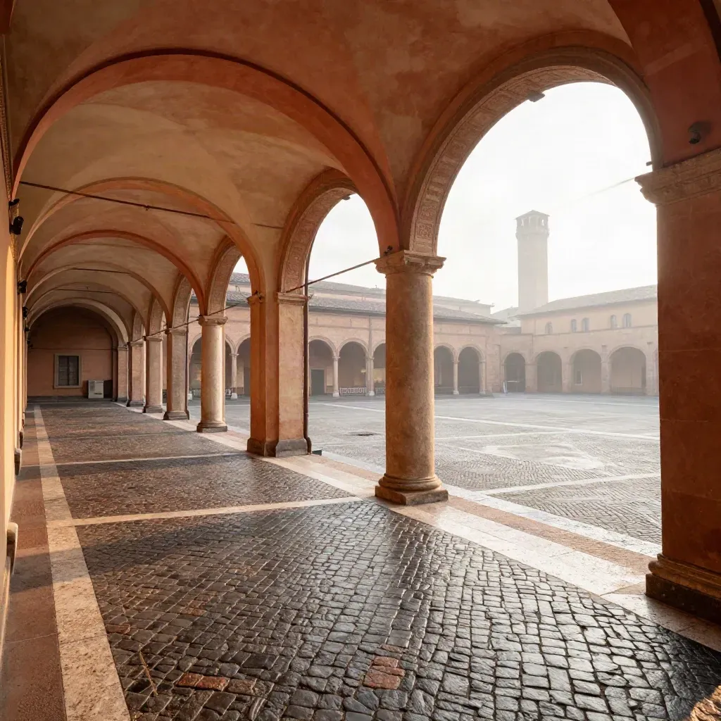 Portici di Bologna al tramonto con pavé umido e torri sullo sfondo