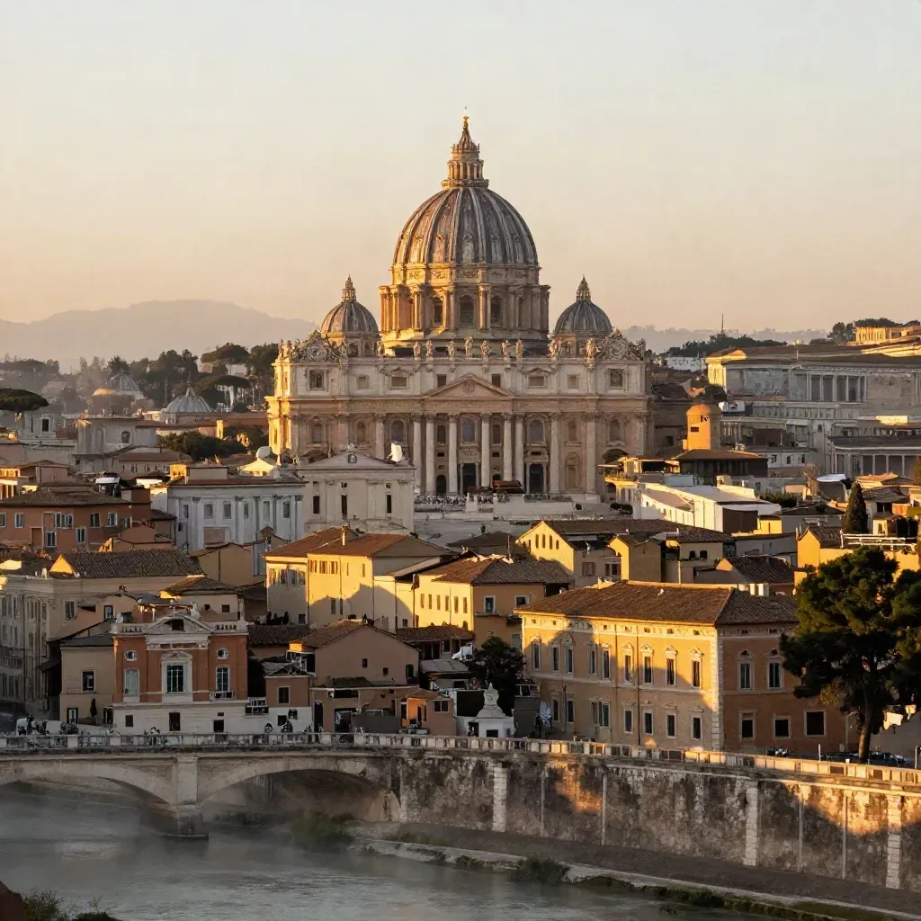 Cupola di San Pietro e tetti di Roma sopra la nebbia del Tevere al tramonto
