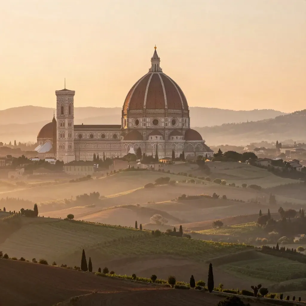 Cupola di Firenze e colline toscane tra foschia e cielo pesca al tramonto.