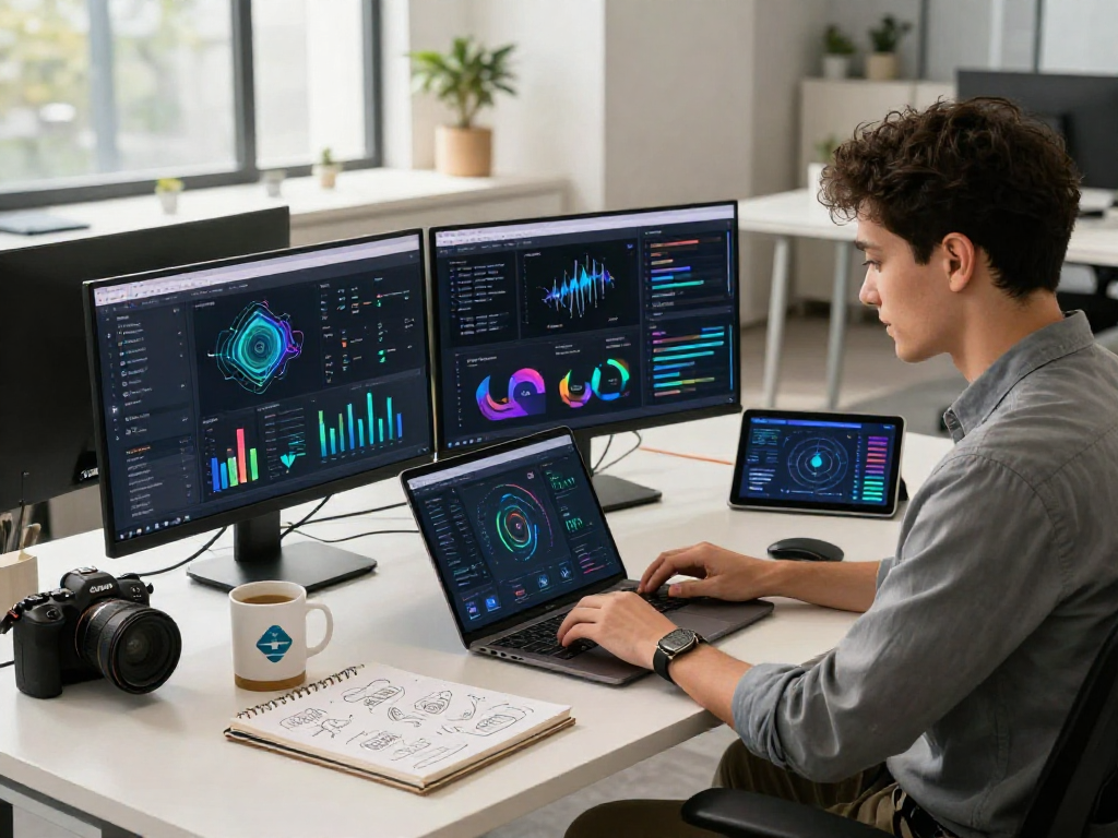 Engaging with Juicy AI software in a modern tech workspace, showcasing vibrant analytics.