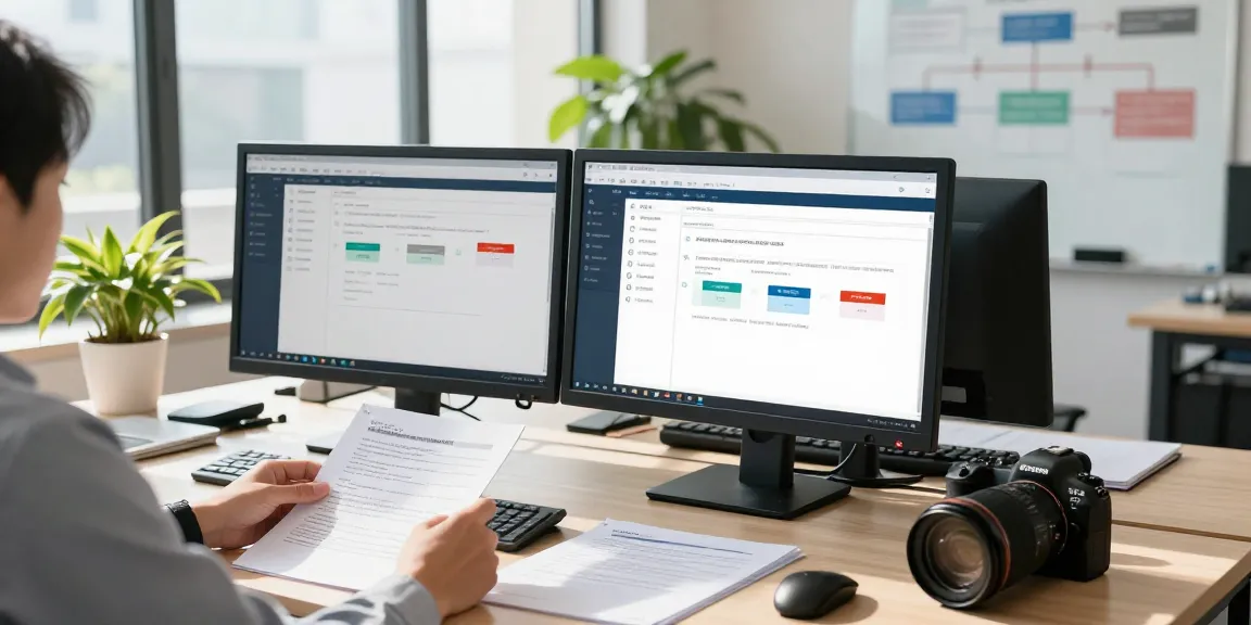 Compliance officer examining document fraud detection software in a modern office environment.