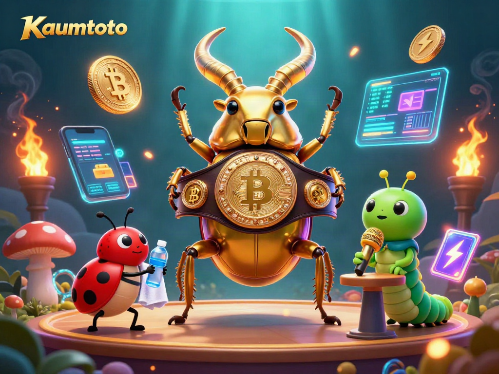 Engage with Kaumtoto in an epic crypto-themed boxing showdown featuring vibrant creatures and dazzling elements.