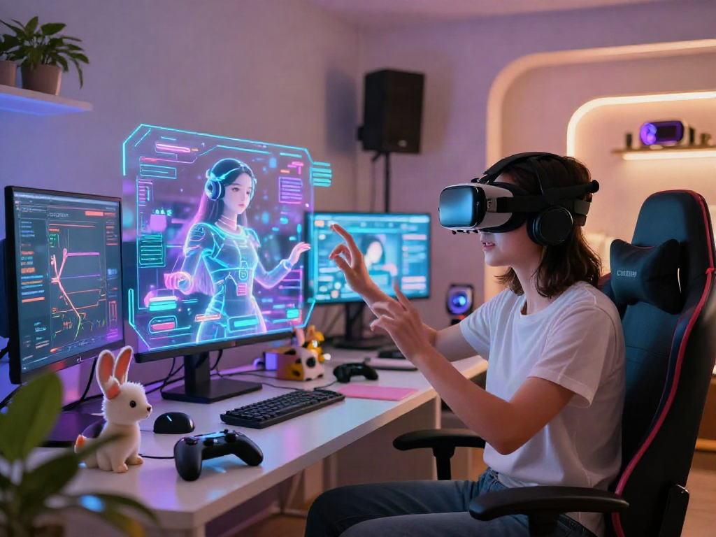 Engaging scene with a person interacting with an ai gf in a futuristic VR lounge, highlighting digital companionship.