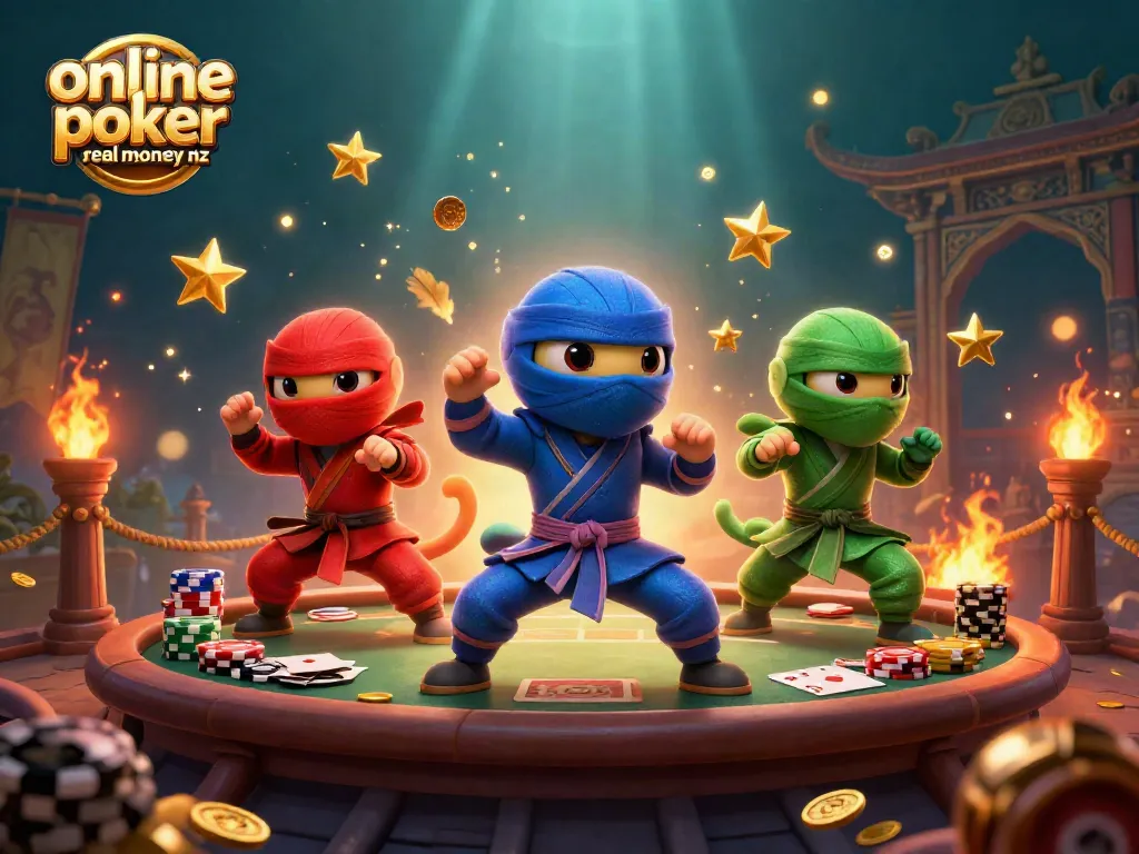 Engage with online poker real money nz through dynamic 3D chameleons mastering poker moves amidst a vibrant casino scene.