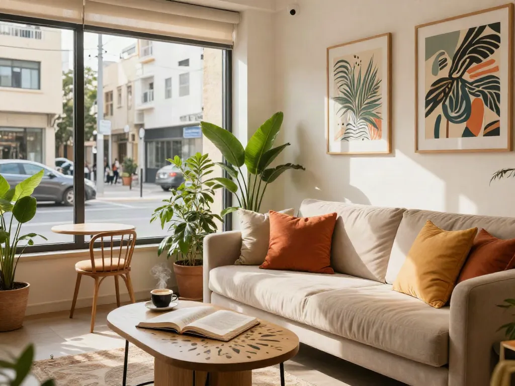 Cozy living room in a discreet apartment in Tel Aviv, ideal for visitors seeking דירות דיסקרטיות בתל אביב.