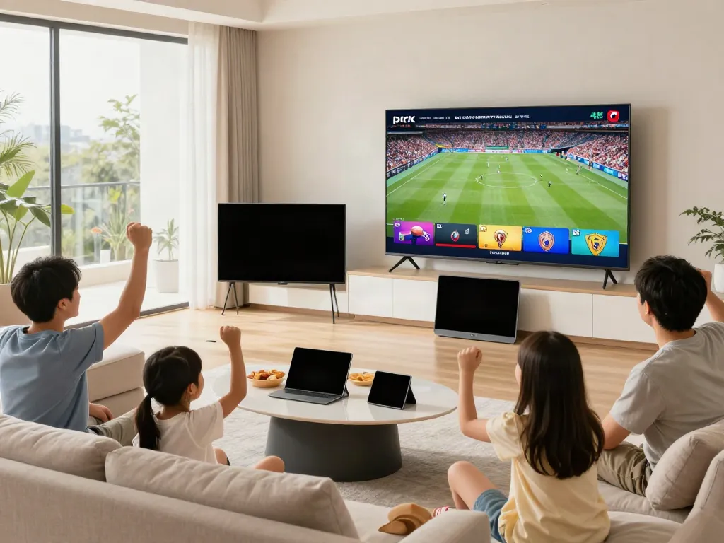 Family enjoying abbonamento iptv with 4K sports streaming in a cozy living room.